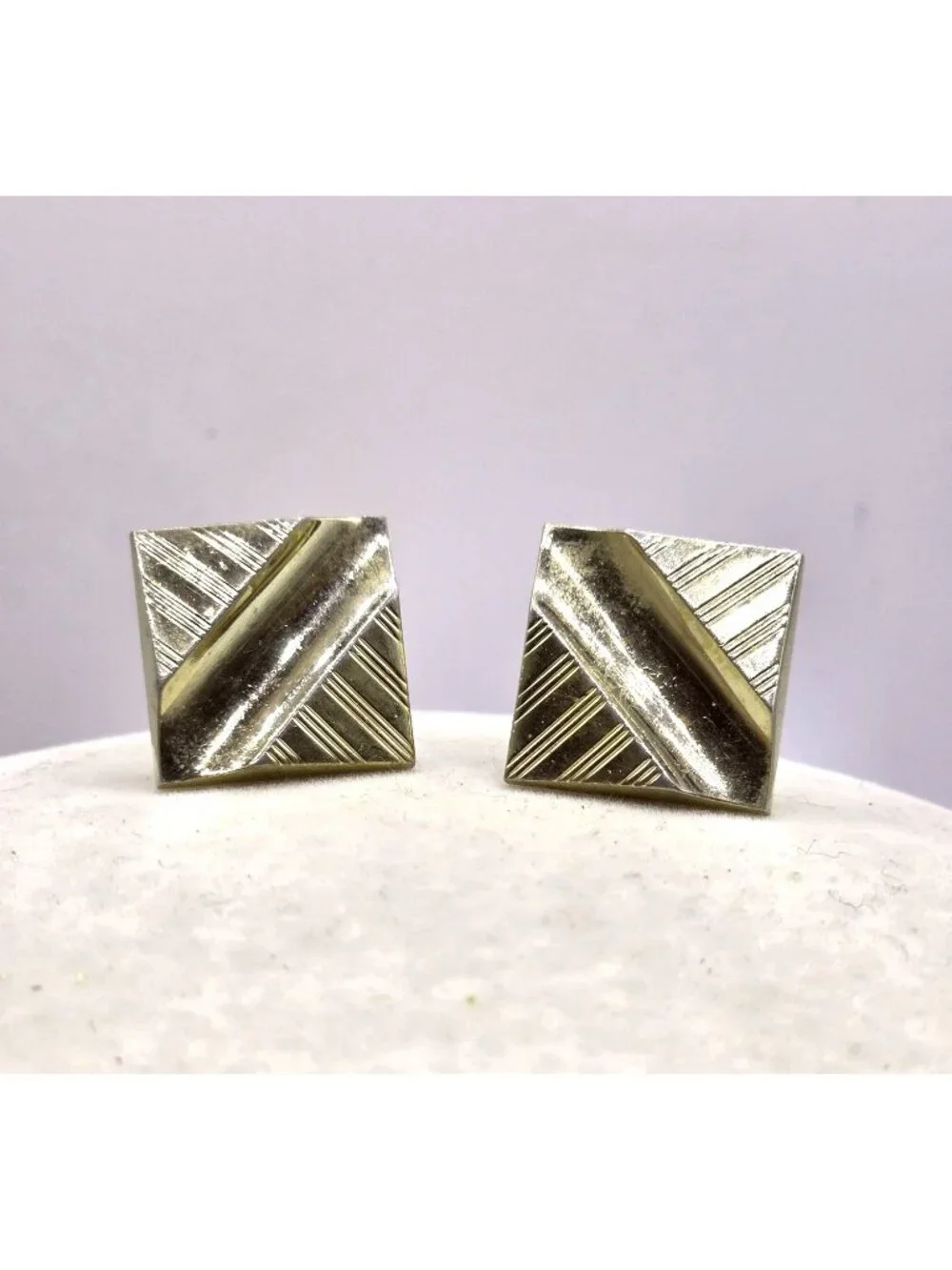 Vintage Gold-Tone Square Cufflinks With Striped Geometric Design